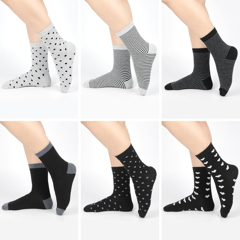 Socksfad Store 6 Pairs Cotton Crew Socks for Women, Breathable Novelty Funny Striped Dot Casual Cute Calf Socks Size 6-12 - Image 4